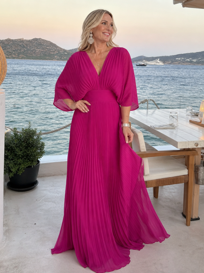Elegant Purple Dress for Women with V Neck Flutter Sleeve Pleated Flowing Wedding Guest Style