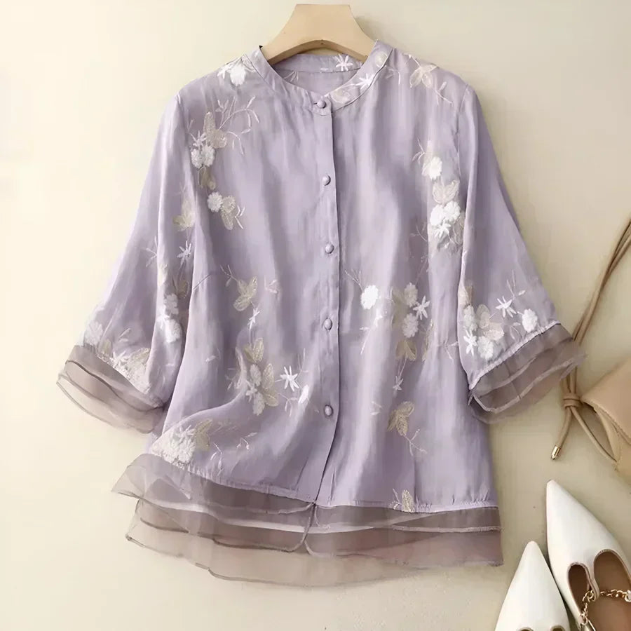 Elegant Floral Embroidered Blouse for Women with Stand Collar Elbow Sleeve Layered Ruffle Hem Style