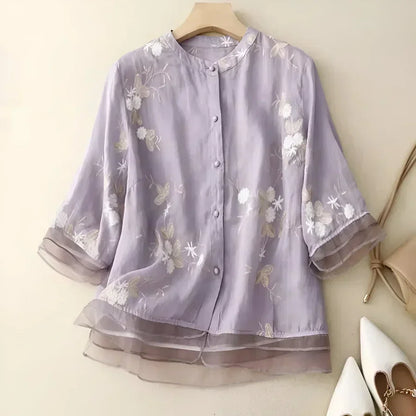 Elegant Floral Embroidered Blouse for Women with Stand Collar Elbow Sleeve Layered Ruffle Hem Style
