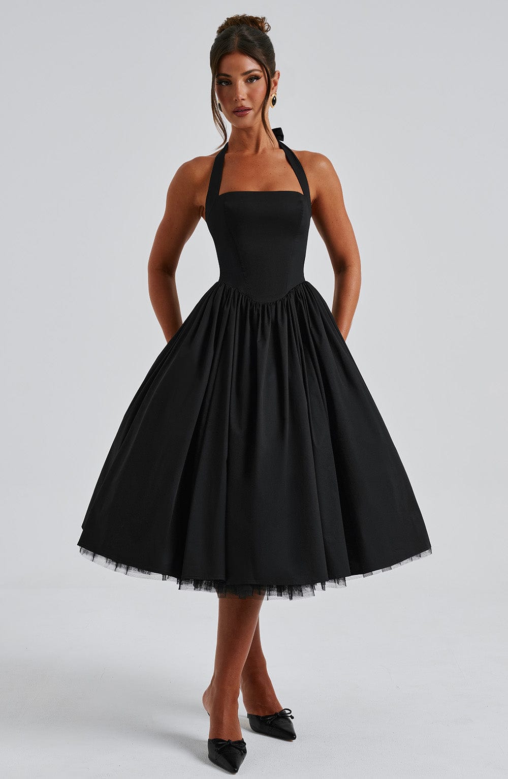 Gabrielle | Elegant White Formal Wedding Guest Dress in A Line Midi Style