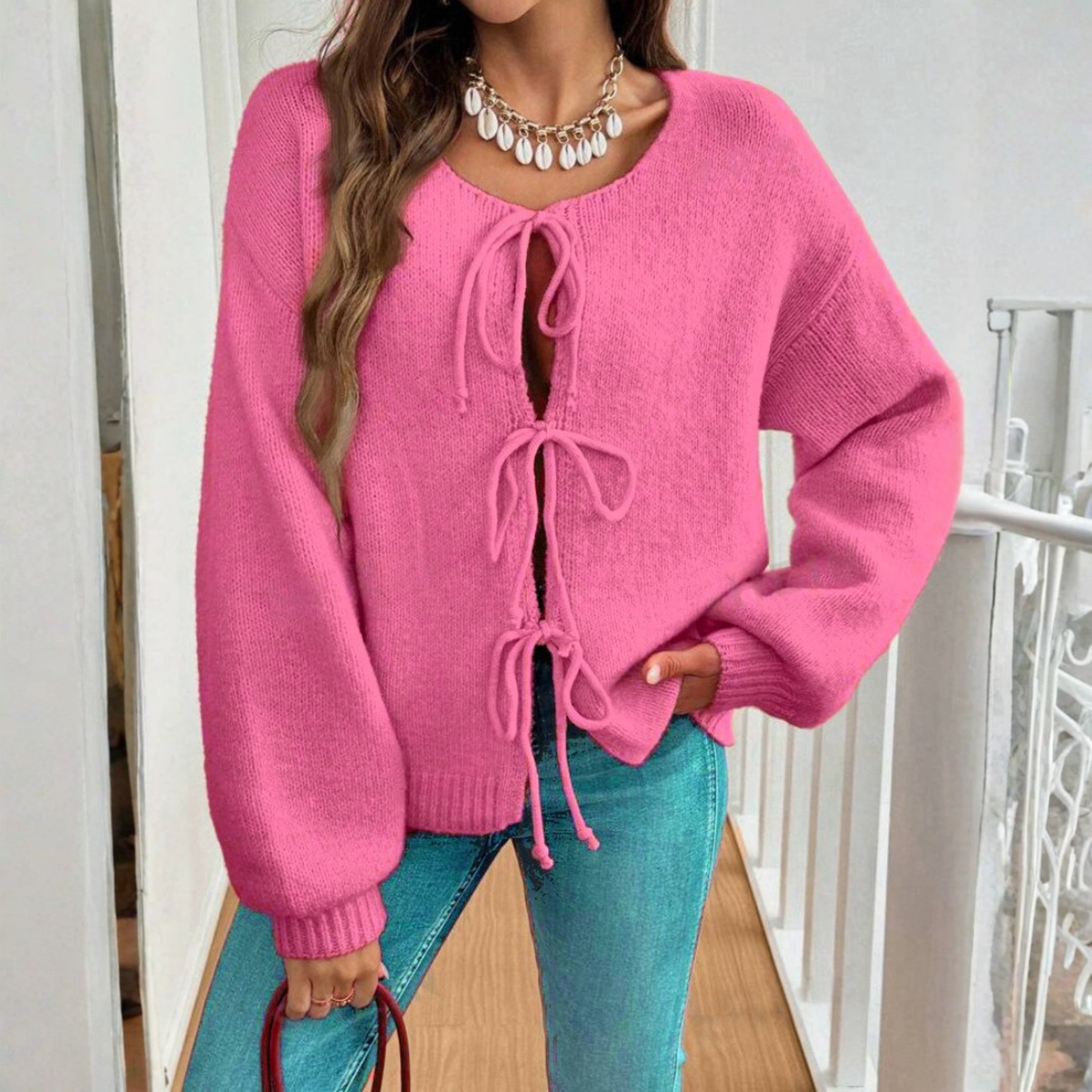 Cozy Knit Cardigan for Women with Round Neck Long Sleeve Tie Front Relaxed Style