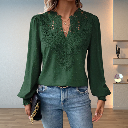 Elegant Swiss Dot Lace Blouse for Women with V Neck Bishop Sleeve Crochet Trim Flowing Style