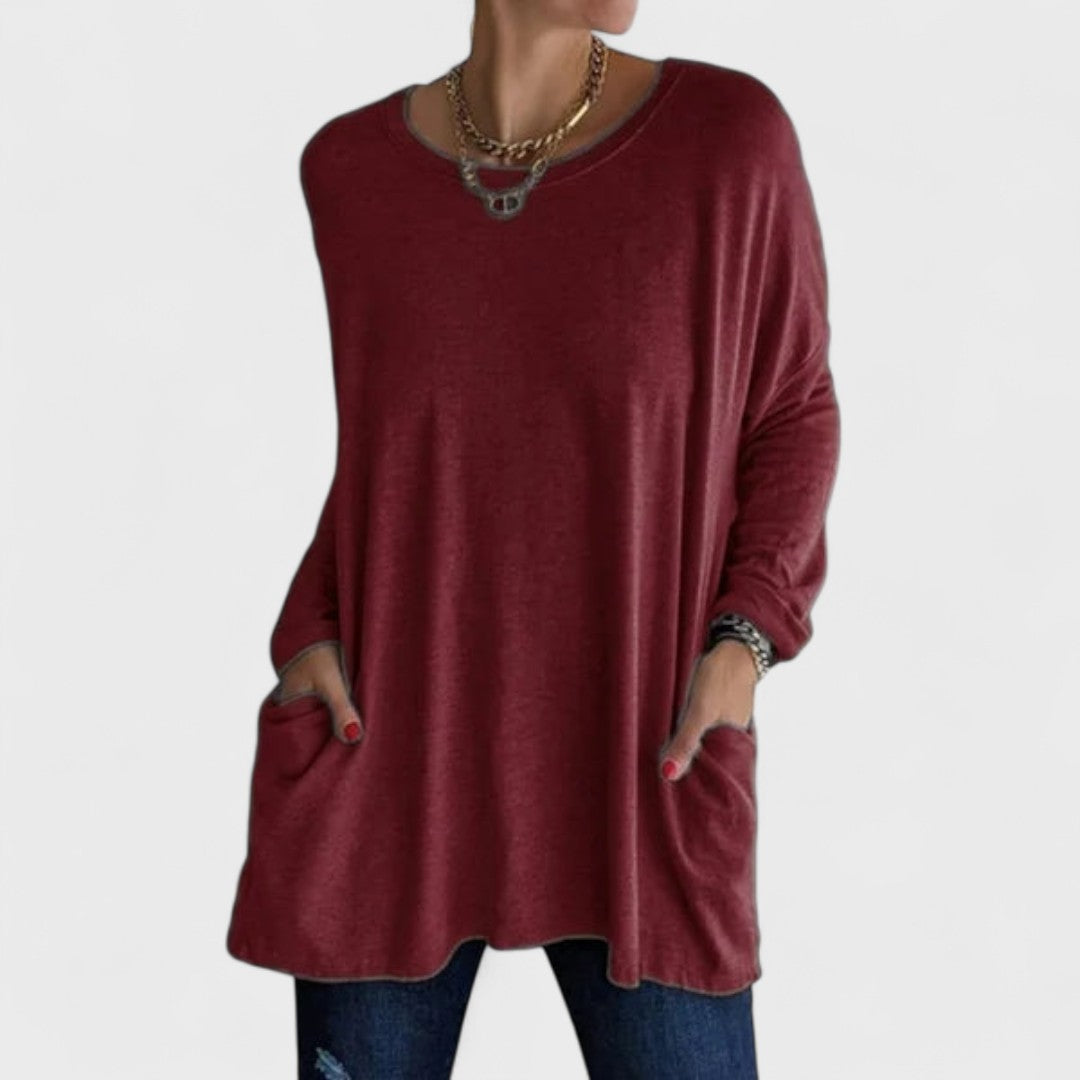 Comfortable Oversized Tunic for Women with Crew Neck Long Sleeve Side Pocket Relaxed Style