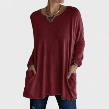 Comfortable Oversized Tunic for Women with Crew Neck Long Sleeve Side Pocket Relaxed Style