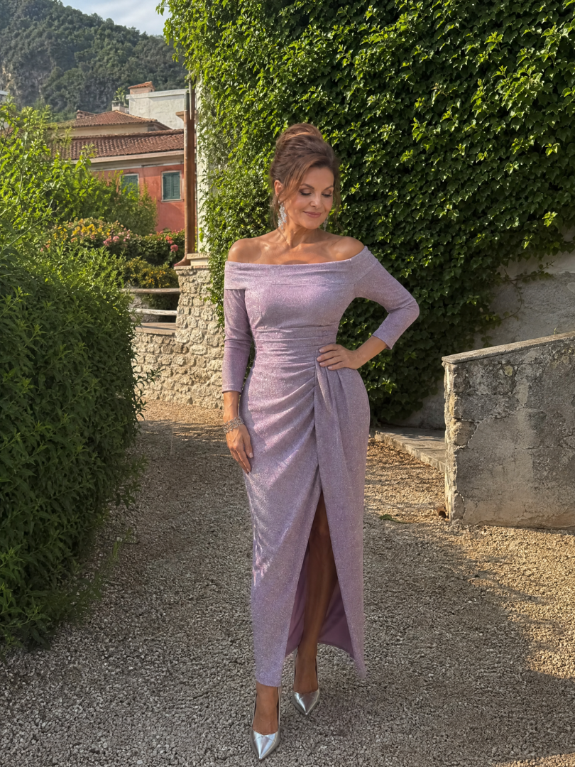 Elegant Midi Dress for Women with Off Shoulder Long Sleeve Ruched Side Slit Formal Wedding Guest Style