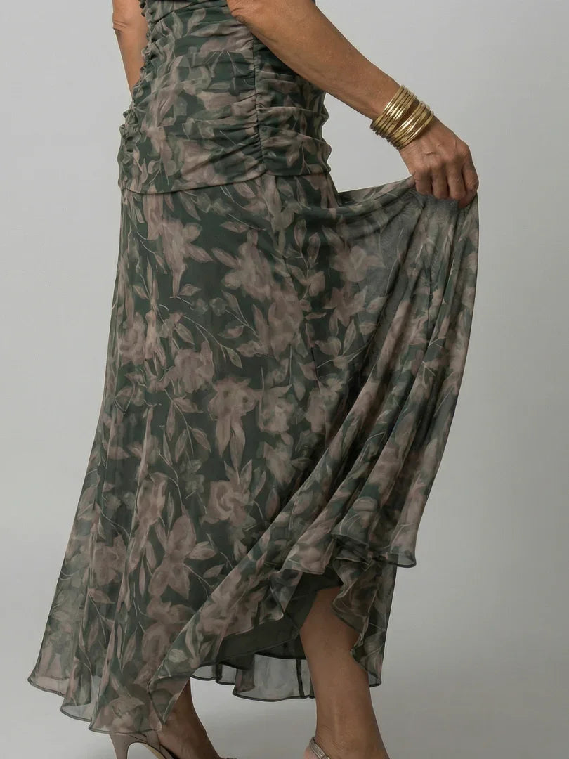 Elegant Midi Dress for Women with Off Shoulder V-Neck Floral Print Ruched Waist Formal Wedding Guest Style