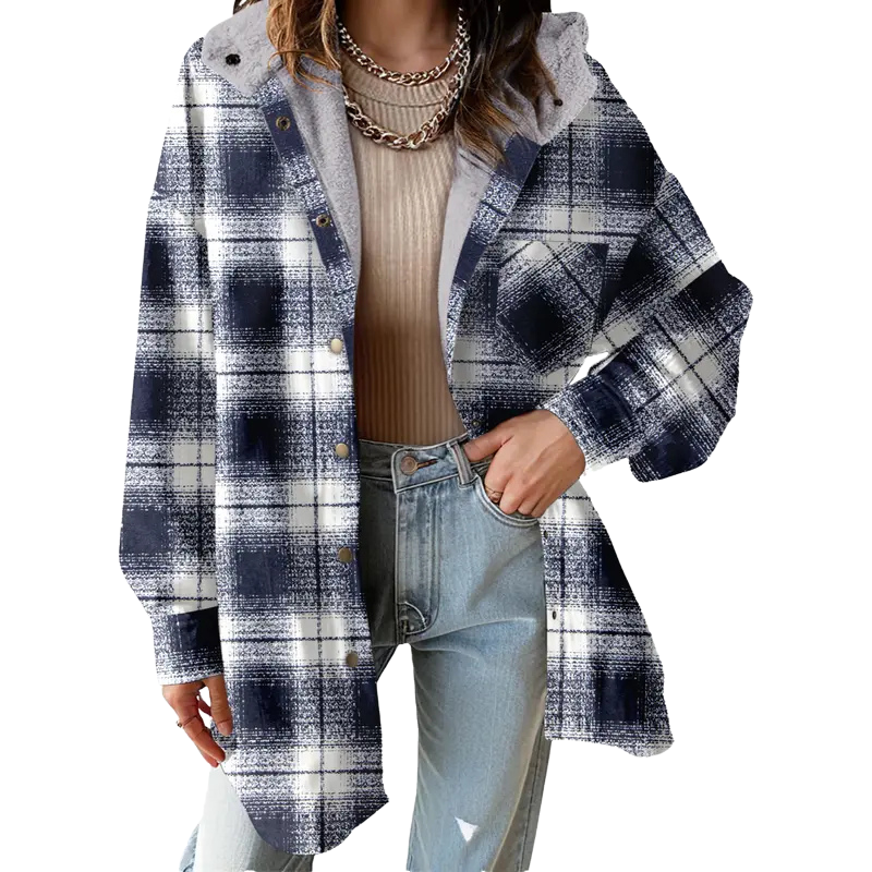 Cozy Plaid Shacket for Women with Hooded Collar Long Sleeve Flannel Button Front Oversized Style