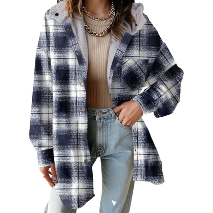 Cozy Plaid Shacket for Women with Hooded Collar Long Sleeve Flannel Button Front Oversized Style