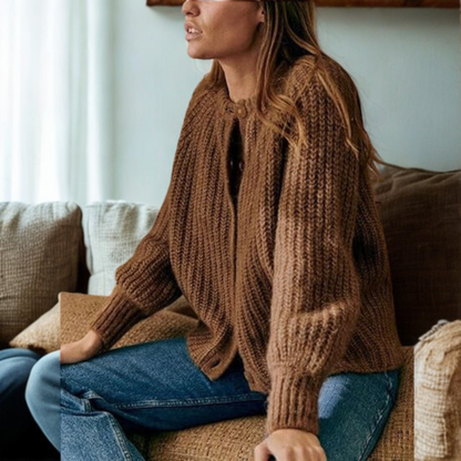 Cozy Knit Cardigan for Women with Round Neck Long Sleeve Button Front Ribbed Relaxed Style