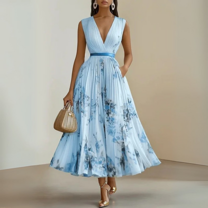 Elegant Floral Midi Dress for Women with V Neck Sleeveless Pleated Skirt Belted Waist Formal Style