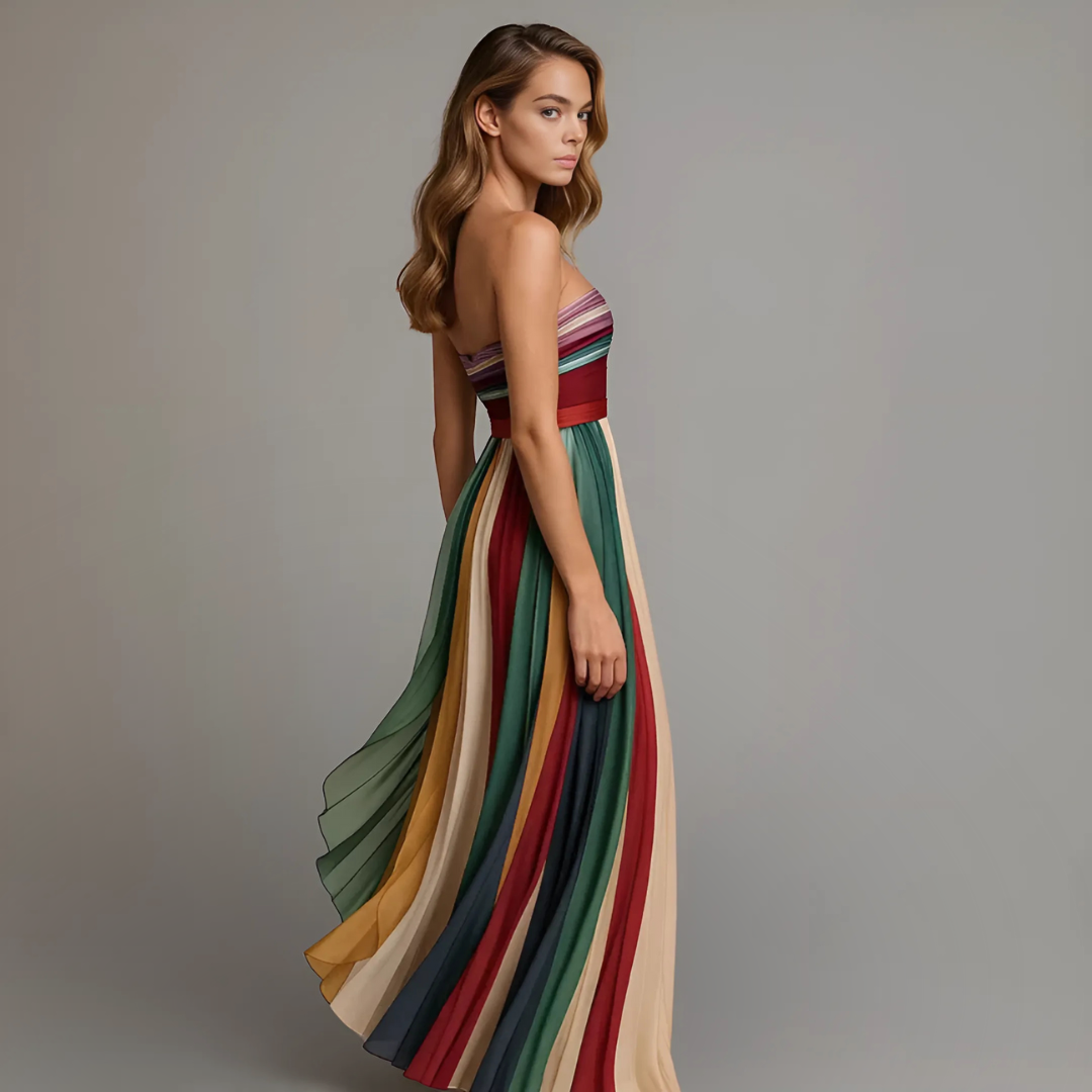Elegant Multicolor Striped Maxi Dress for Women with Strapless Pleated Skirt Formal Wedding Guest Style