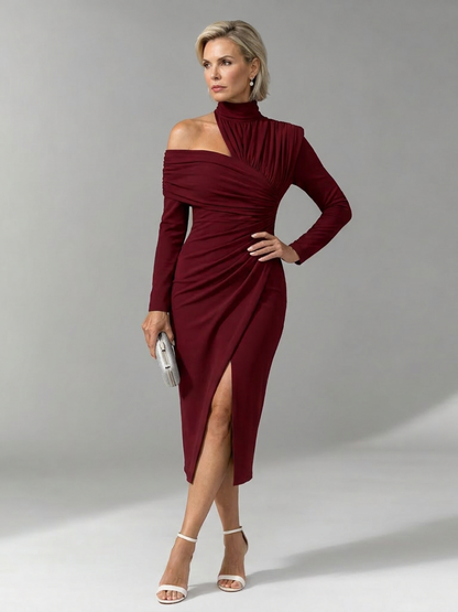 Elegant Midi Dress for Women with Mock Neck One Shoulder Long Sleeve Ruched Fitted Formal Wedding Guest Style