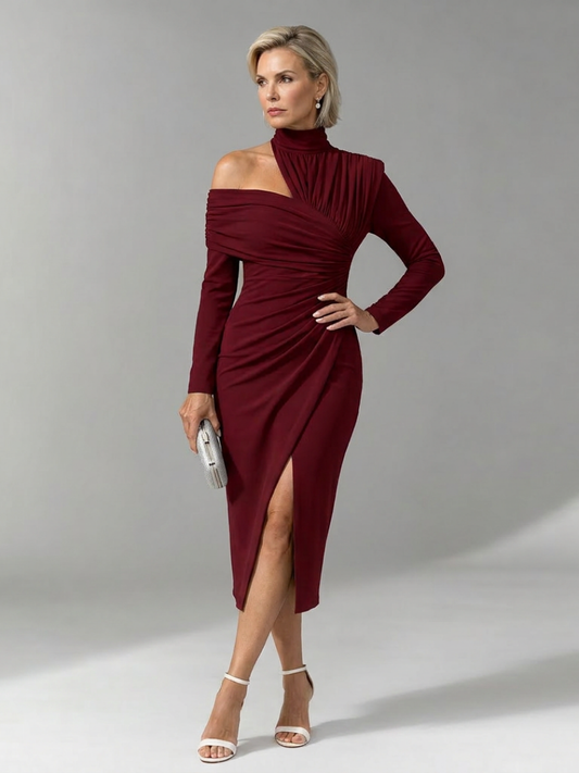Elegant Midi Dress for Women with Mock Neck One Shoulder Long Sleeve Ruched Fitted Formal Wedding Guest Style