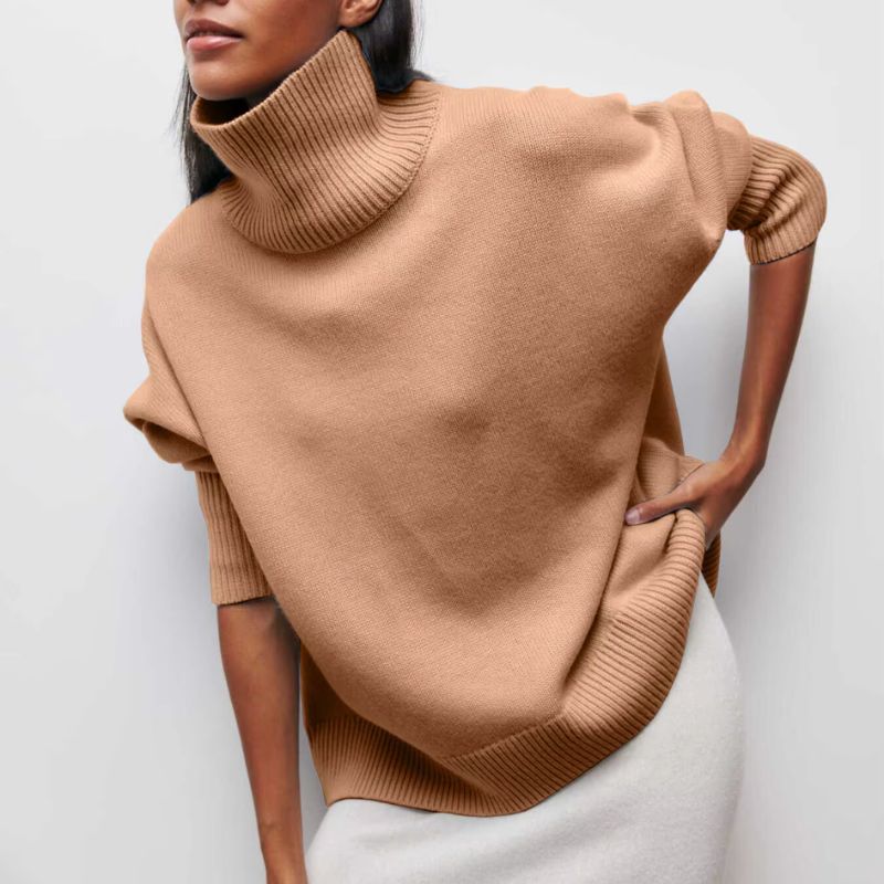 Comfortable Knit Sweater for Women with Turtleneck Short Sleeve Oversized Poncho Style