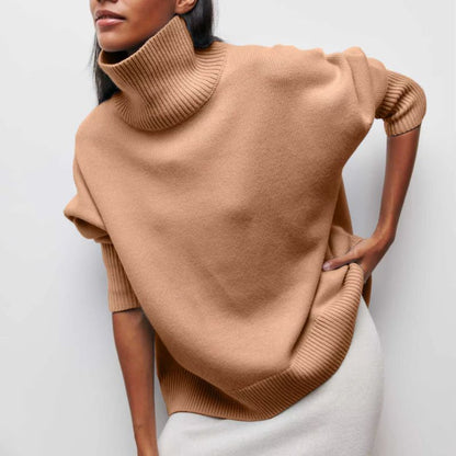 Comfortable Knit Sweater for Women with Turtleneck Short Sleeve Oversized Poncho Style