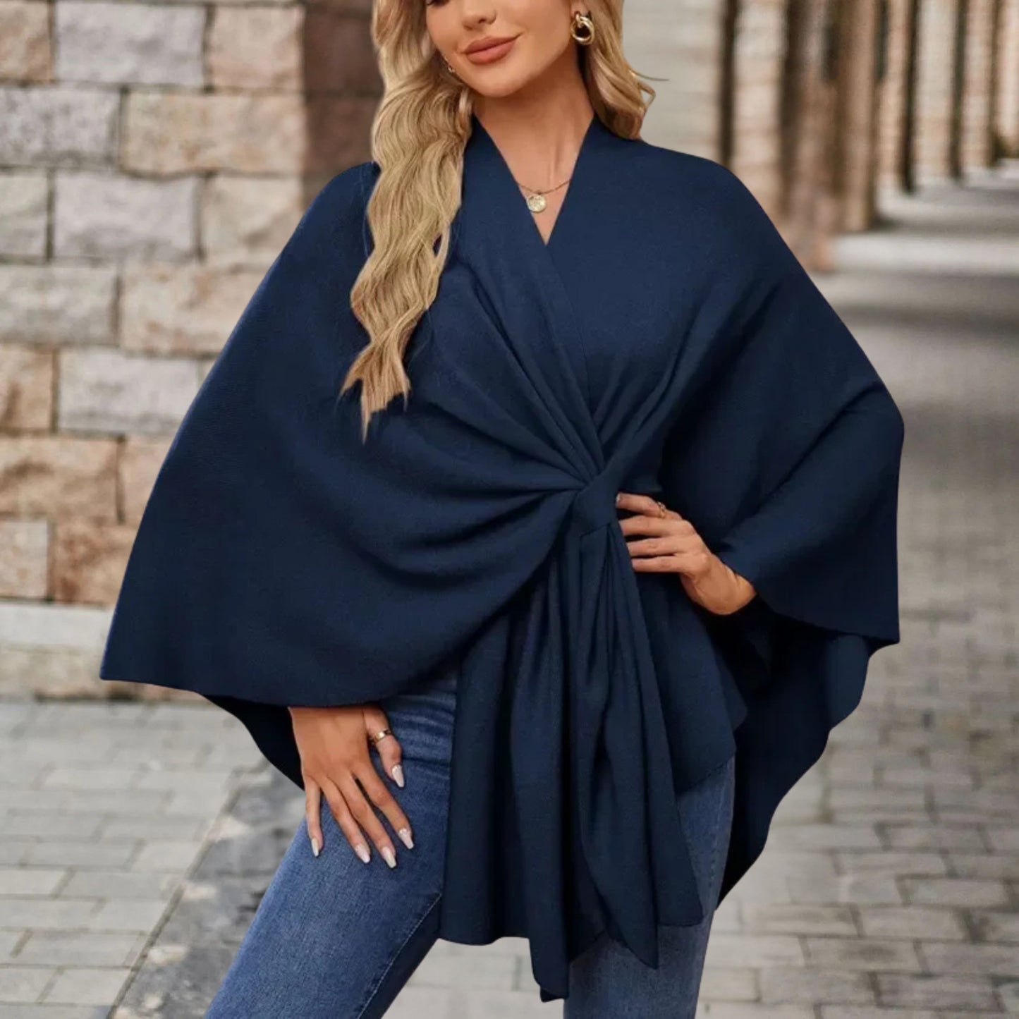Elegant Knit Poncho for Women with V Neck Batwing Sleeve Tie Waist Wrap Style