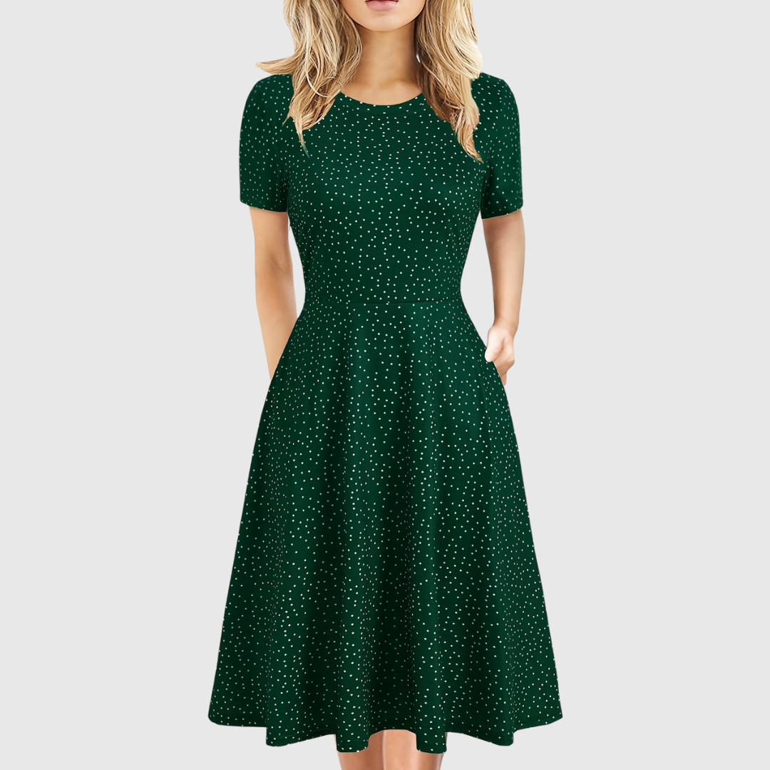 Elegant A Line Dress for Women with Round Neck Short Sleeve Fit and Flare Midi Casual Retro Style