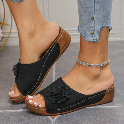 Comfortable Orthopedic Sandals for Women with Flower Detail Perforated Upper Wedge Platform Slip On Casual Style