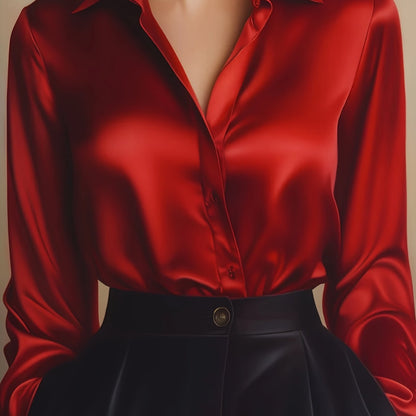 Elegant Satin Long Sleeve Shirt for Women with Collar Button Front Relaxed Silky Style