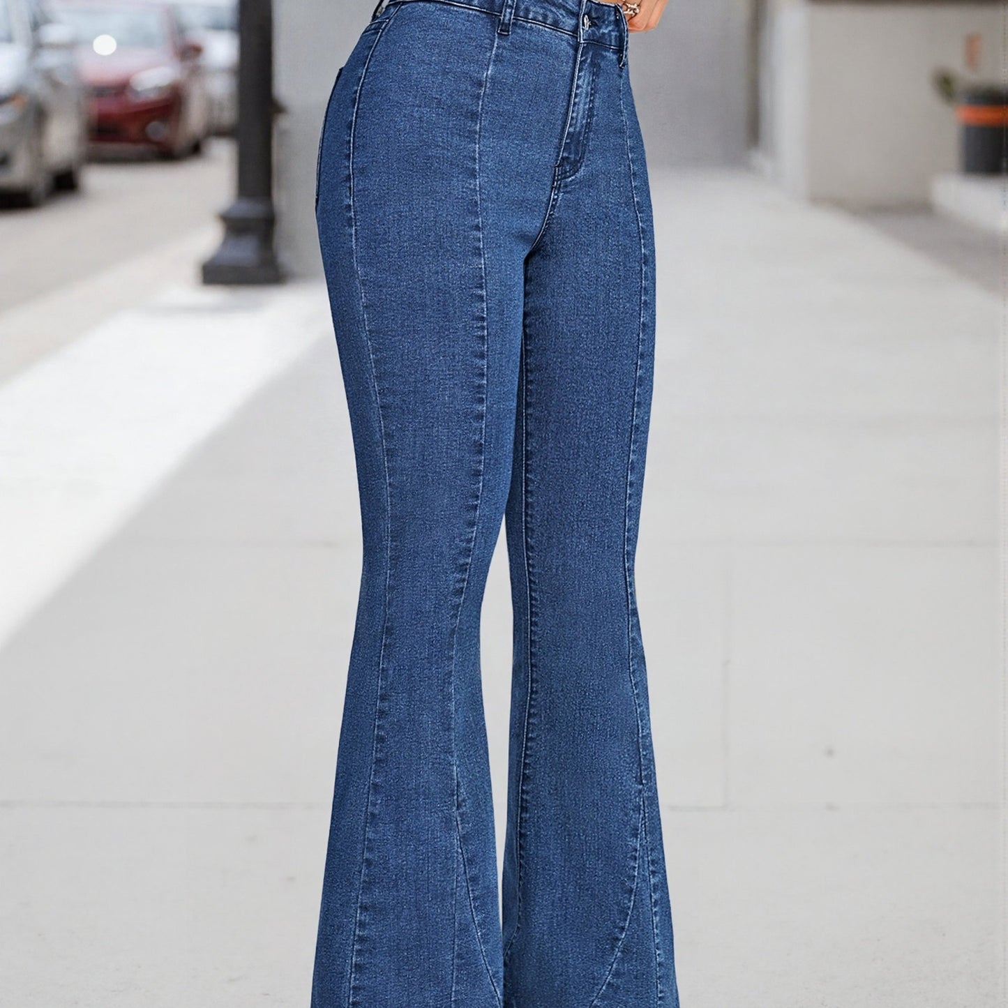 Effortless Medium Blue High Waisted Jeans for Women with Flared Leg Button Front Relaxed Casual Style