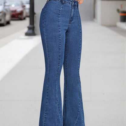 Effortless Medium Blue High Waisted Jeans for Women with Flared Leg Button Front Relaxed Casual Style