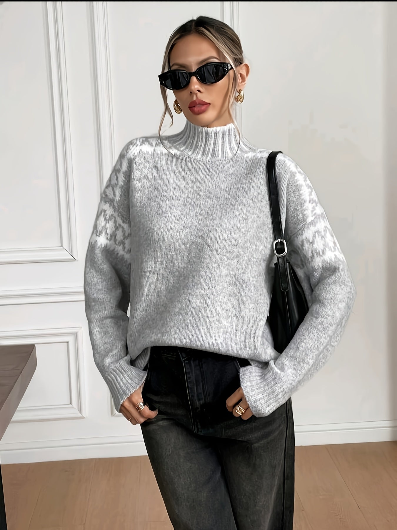 Comfortable Grey Houndstooth Sweater for Women with Mock Neck Long Sleeve Oversized Ribbed Knit Style