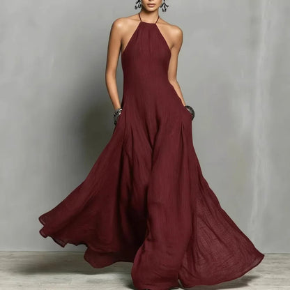 Elegant Maxi Dress for Women with Halter Neck Sleeveless Flowing Formal Style