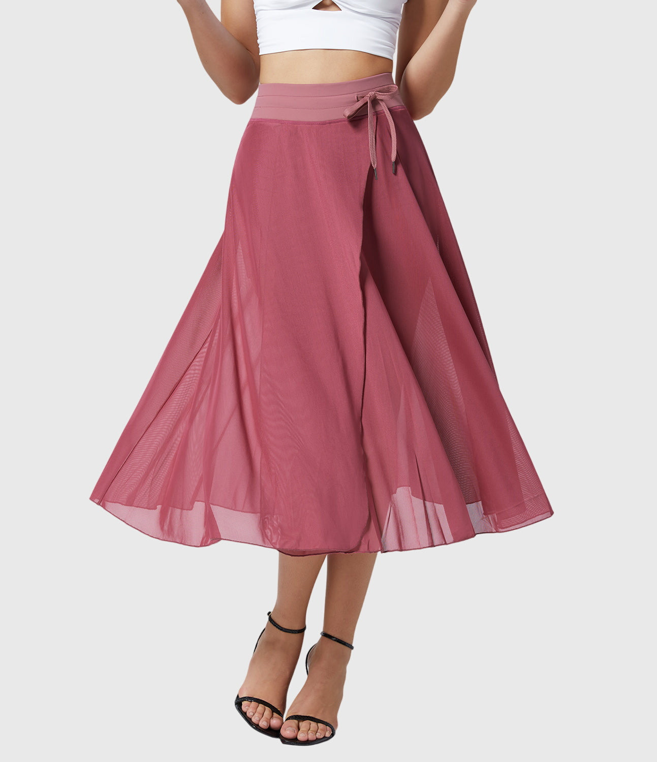 Effortless Sage Green Mesh Skirt for Women with High Waist Drawstring A Line Flowy Style