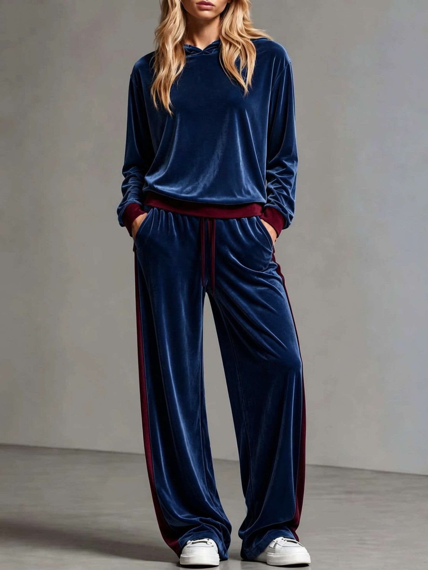 Cozy Velvet Colorblock Sweatsuit for Women with Hooded Long Sleeve Wide Leg Drawstring Two Piece Style