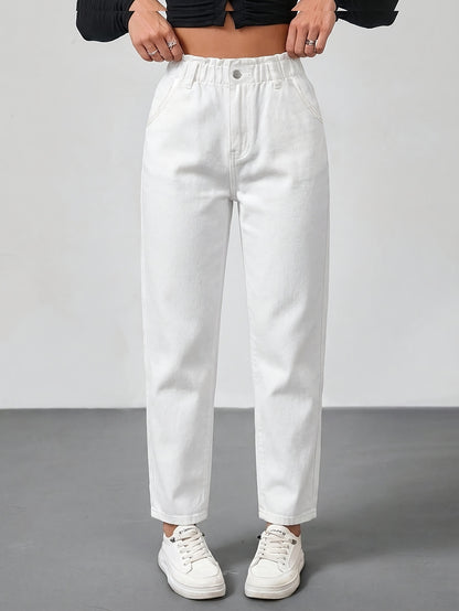 Effortless White Jeans for Women with Paperbag Waist Tapered Ankle Length Casual Style