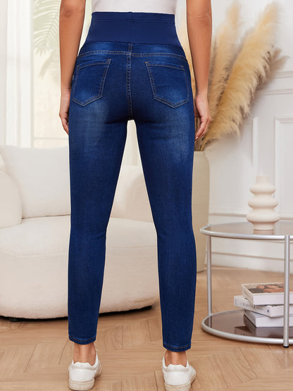 Comfortable Blue Denim Maternity Jeans for Women with High Waist Belly Panel Stretch Skinny Fit Style