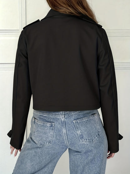 Elegant Brown Cropped Pea Coat for Women with Notched Lapel Long Sleeve Double Breasted Casual Style