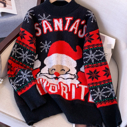 Cozy Black Santa Christmas Tacky Sweater for Women with Crew Neck Long Sleeve Oversized Knit Style