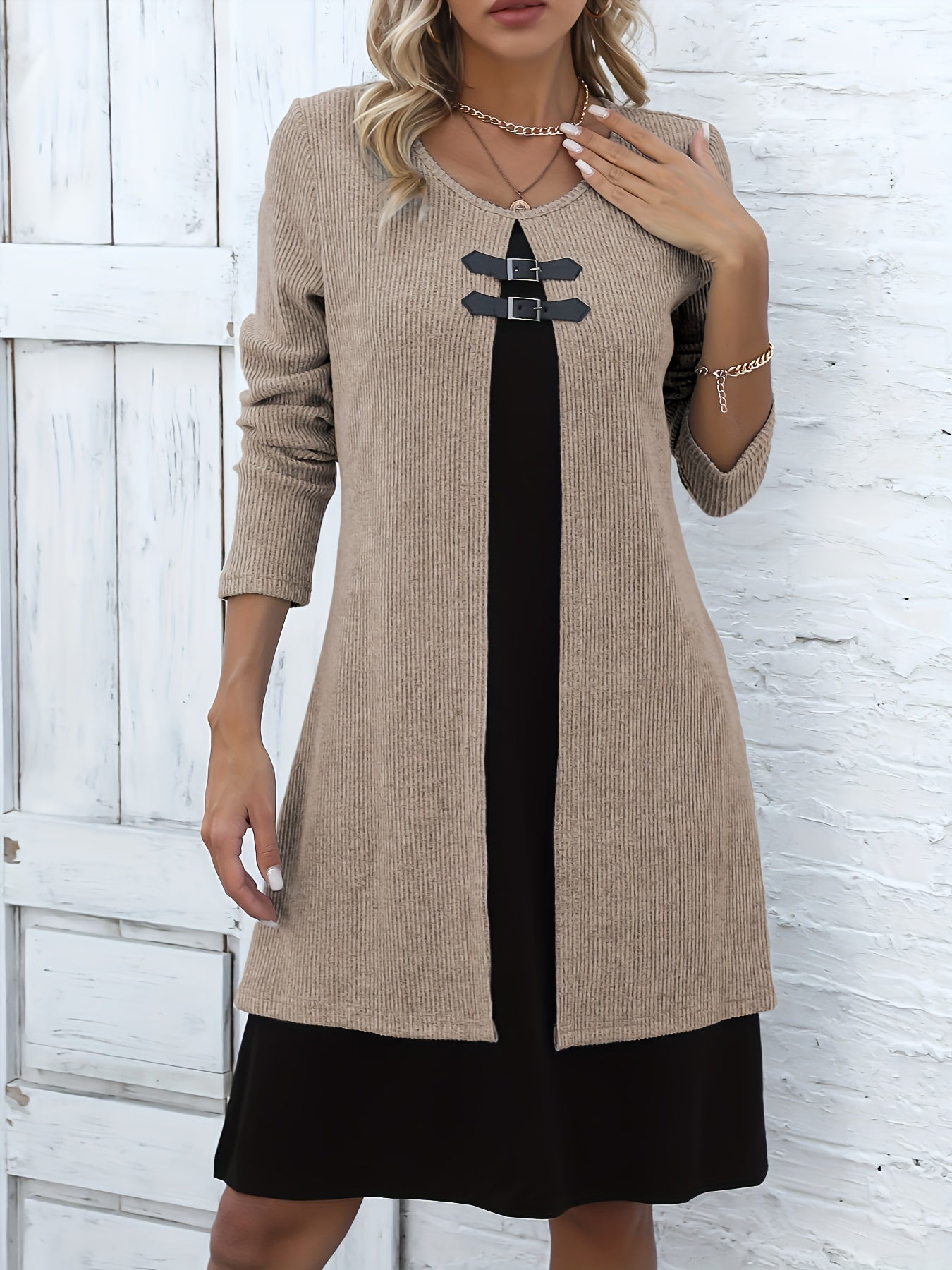 Elegant Ribbed Knit Two Tone Midi Dress for Women with Round Neck Long Sleeve Buckle Detail Layered Style