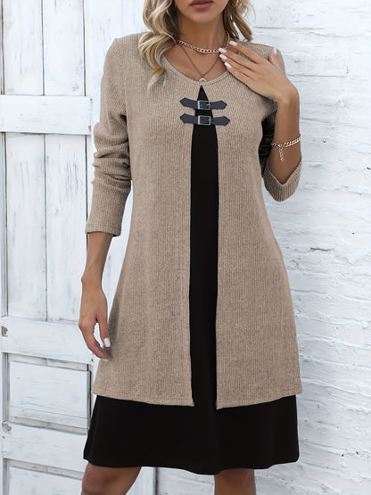 Elegant Ribbed Knit Two Tone Midi Dress for Women with Round Neck Long Sleeve Buckle Detail Layered Style