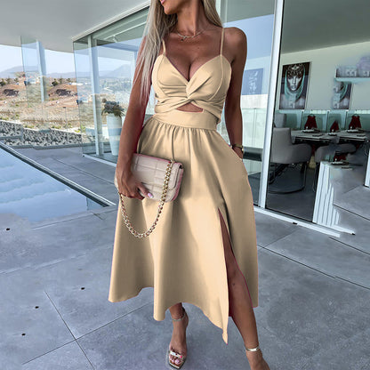 Elegant Twist Front Cocktail Dress for Women with Sweetheart Neckline Spaghetti Strap Cutout Waist Slit Style