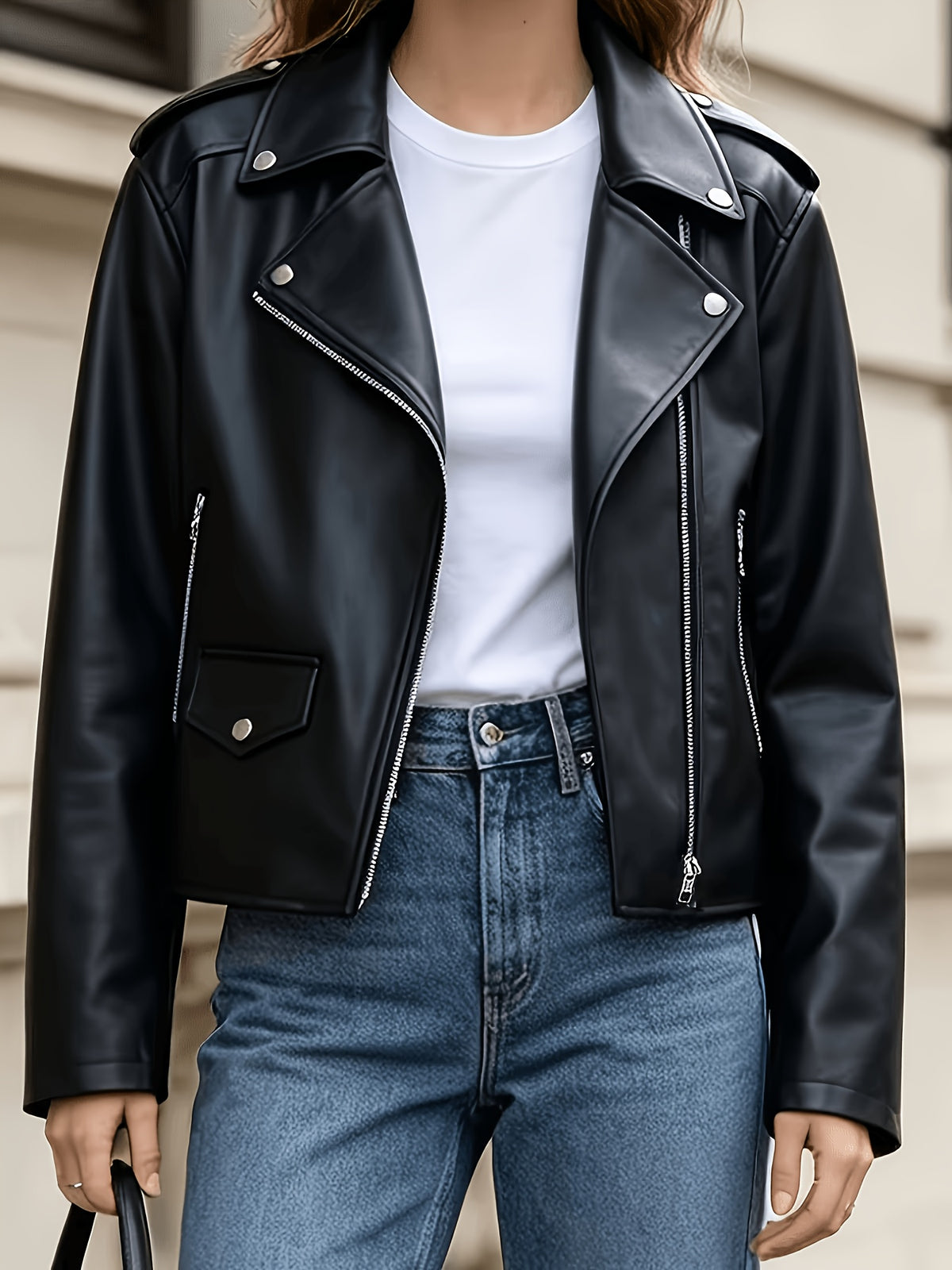 Edgy Black Faux Leather Moto Jacket for Women with Notched Lapel Asymmetrical Zip Ribbed Biker Style