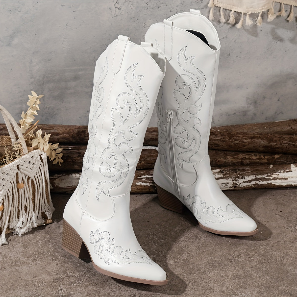 Trendy White Western Boots for Women with Embroidered Shaft Block Heel Tall Cowboy Style