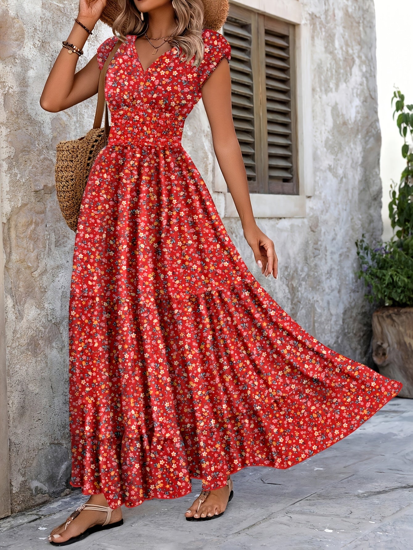 Effortless Floral Boho Dress for Women with V Neck Cap Sleeve Smocked Waist Tiered Flowing Style