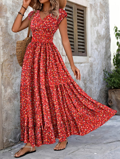 Effortless Floral Boho Dress for Women with V Neck Cap Sleeve Smocked Waist Tiered Flowing Style