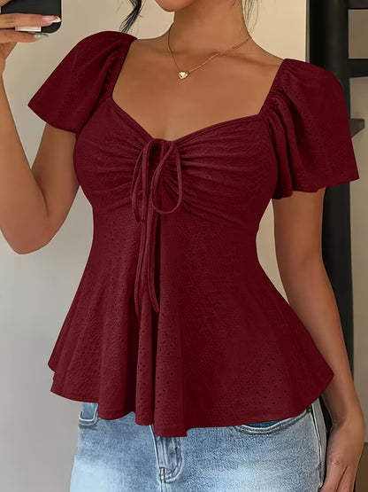 Elegant Eyelet Going Out Top for Women with Sweetheart Neck Flutter Sleeve Ruched Peplum Style