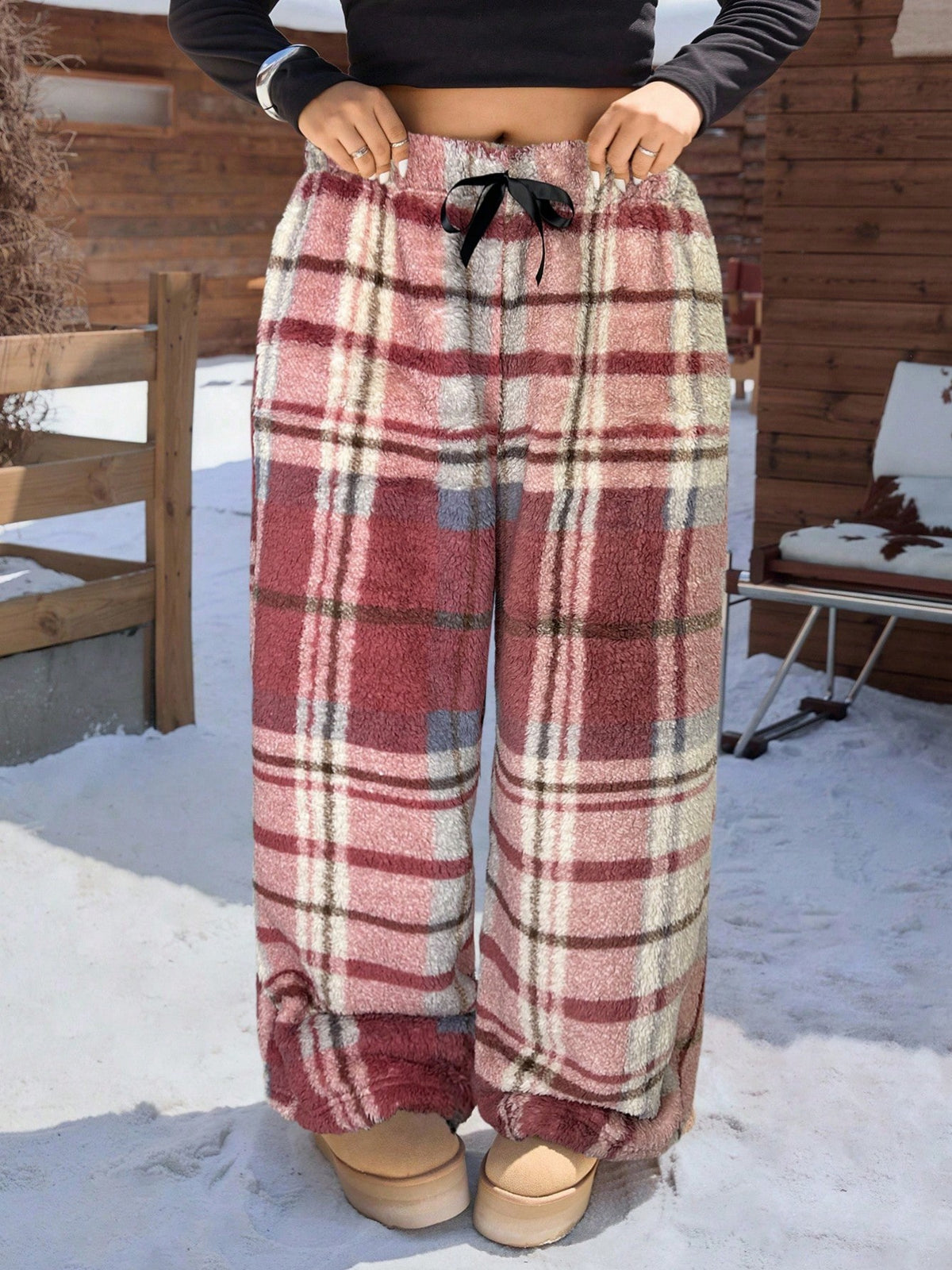 Cozy Plaid Wide Leg Sweatpants for Women with Drawstring Waist Plush Fleece Lounge Style