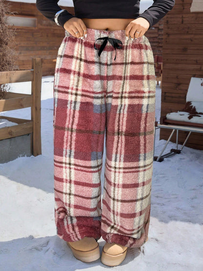 Cozy Plaid Wide Leg Sweatpants for Women with Drawstring Waist Plush Fleece Lounge Style