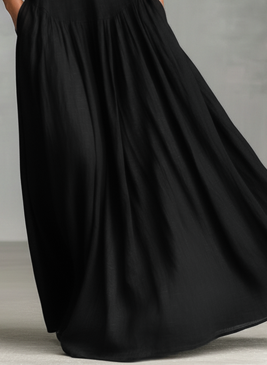 Effortless Black Dress for Women with Collar V Neck Button Front Sleeveless Flared Linen Casual Maxi Style