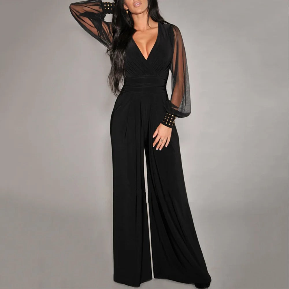 Elegant Wedding Guest Jumpsuit for Women with V Neck Sheer Sleeve Wide Leg Formal Style