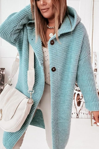 Cozy Long Knit Cardigan for Women with Hooded Neck Long Sleeve Button Front Duster Style