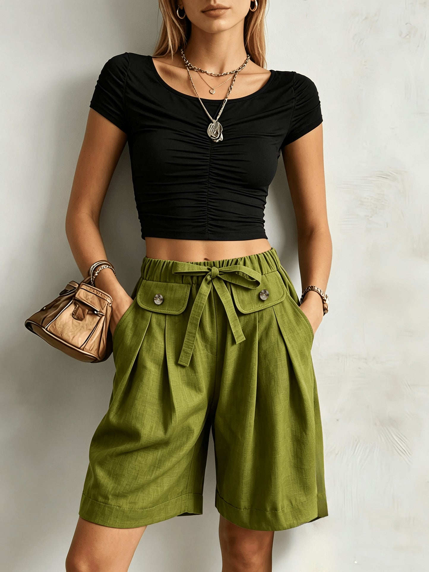 Effortless Wide Leg Bermuda Shorts for Women with High Waist Tie Belt Button Pocket Relaxed Casual Style