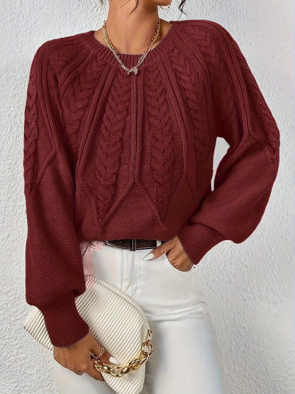 Comfortable Cable Knit Sweater for Women with Round Neck Balloon Sleeve Cropped Oversized Style