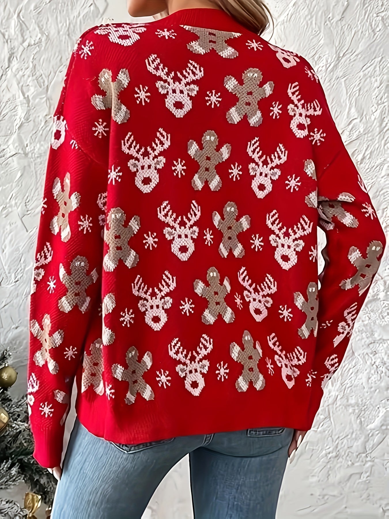 Cozy Red Sequin Christmas Sweater for Women with V Neck Long Sleeve Button Front Cardigan Style