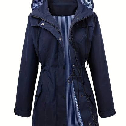Chic Hooded Rainwear Jacket for Women with Drawstring Waist Zip Front Longline Windbreaker Outdoor Style